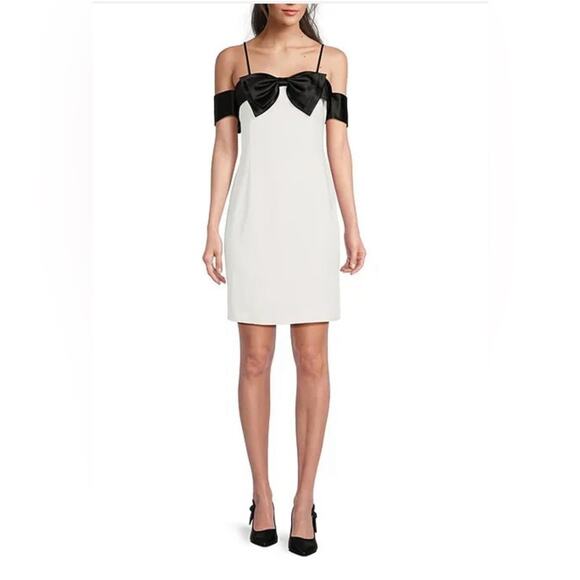 Alex Marie Cleo Black and White Block Off-The-Shoulder Bow Satin Mini Dress Sz 6 - Picture 1 of 3